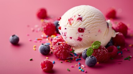 Vanilla ice cream scoop adorned with berries, sprinkles, and studio backdrop advertising