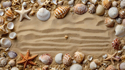 Fototapeta premium A sandy background adorned with sea shells providing ample room for a copy space image. Top views background Ai generative.
