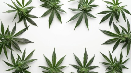 Artistic composition of cannabis plants arranged in a symmetrical pattern against a white background
