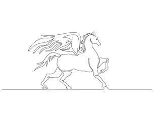 Continuous one line drawing of pegasus. One line drawing illustration of mythological winged horse. Mythological animal concept continuous line art. Editable outline.