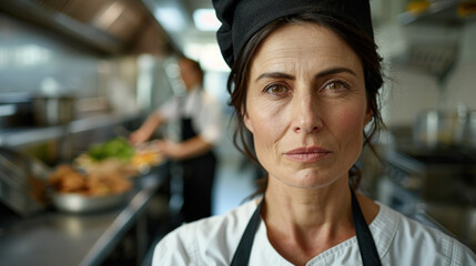 Fototapeta premium Serious Female Chef in Professional Kitchen Environment
