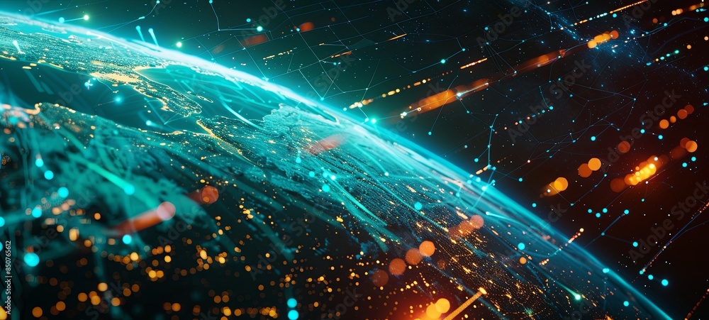 Poster abstract technological globalization of the earth in 3d graphics. concept of ai network transmission