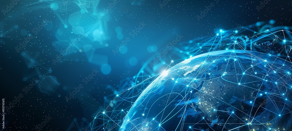 Poster abstract technological globalization of the earth in 3d graphics. concept of ai network transmission