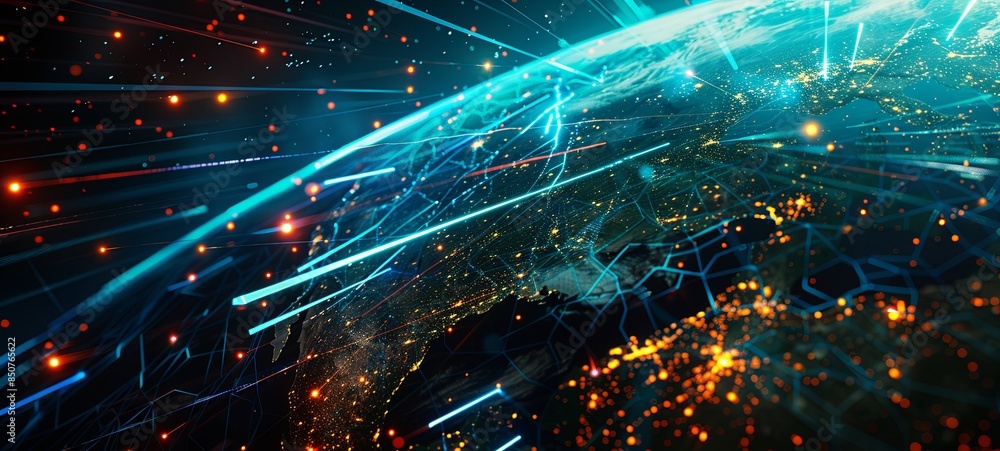 Poster abstract technological globalization of the earth in 3d graphics. concept of ai network transmission