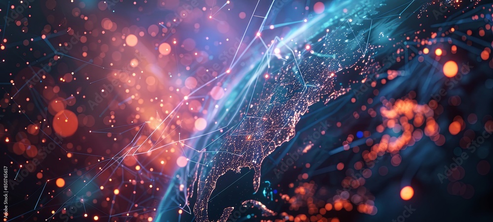 Poster abstract technological globalization of the earth in 3d graphics. concept of ai network transmission
