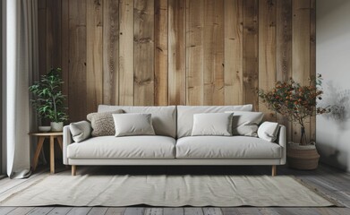White Sofa in Minimalist Living Room With Wood Wall