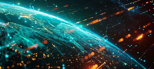 Abstract technological globalization of the Earth in 3D graphics. Concept of Ai network transmission over fiber optic cable