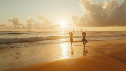 Fototapeta premium Two women practice yoga on a sandy beach at sunset. The ocean is in the background, and the sky is filled with clouds.