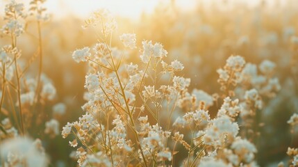 Fototapeta premium Selective focused white Buckwheat flower heads on sunny agricultural field