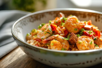 Close-Up Delicious Spicy Jambalaya With Shrimp, Sausage, And Rice In Food Restaurant Interior, Food Photography, Food Menu Style Photo Image