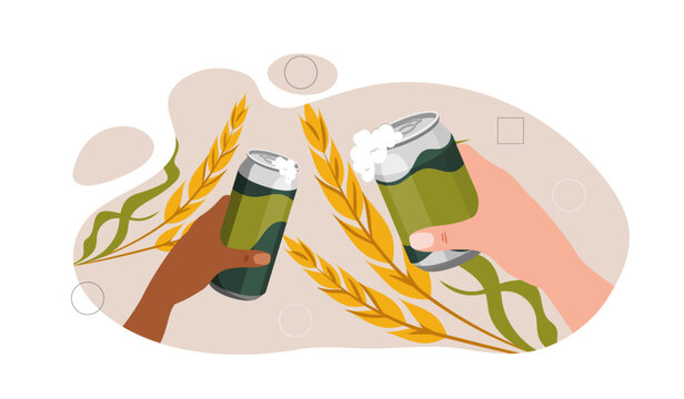 Hand with beer concept. People with can and glass of alcoholic drink. Friends celebrate in pub or bar. Alcohol products, brewery. Cartoon flat vector illustration isolated on white background