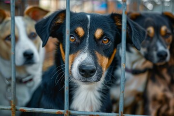 A closeup view of a dog peering through shelter cage bars, with others in the background