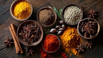 Assorted spices with garlic, anise, and cinnamon on rustic wooden table. Generative AI