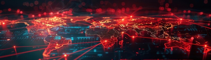 3D rendering of a world map with digital red ribbons and glowing light beams, symbolizing international cooperation against AIDS