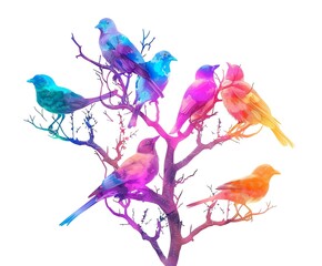 A watercolor painting of birds sitting on a branch