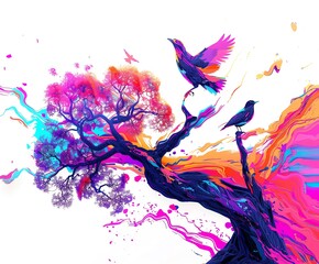 Obraz premium The image shows a watercolor painting of a tree with two birds