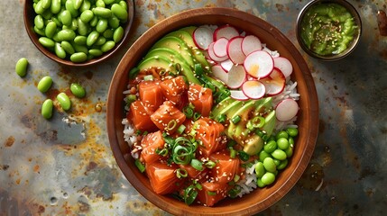 Vibrant Salmon Poke Bowl with Fresh Ingredients on Wooden Background