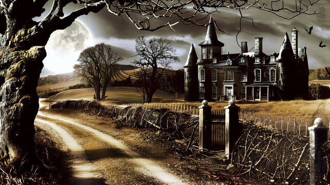 Moonlit Path to Abandoned Manor with Overgrown Thorns Gen AI