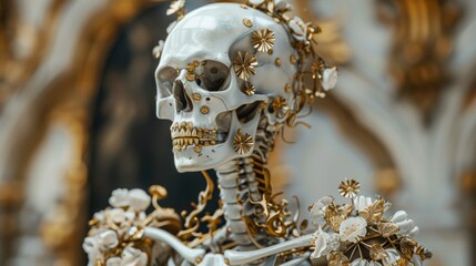 Elegantly adorned skeleton with golden details and floral decorations, blending elements of art and anatomy in a captivating, intricate design.