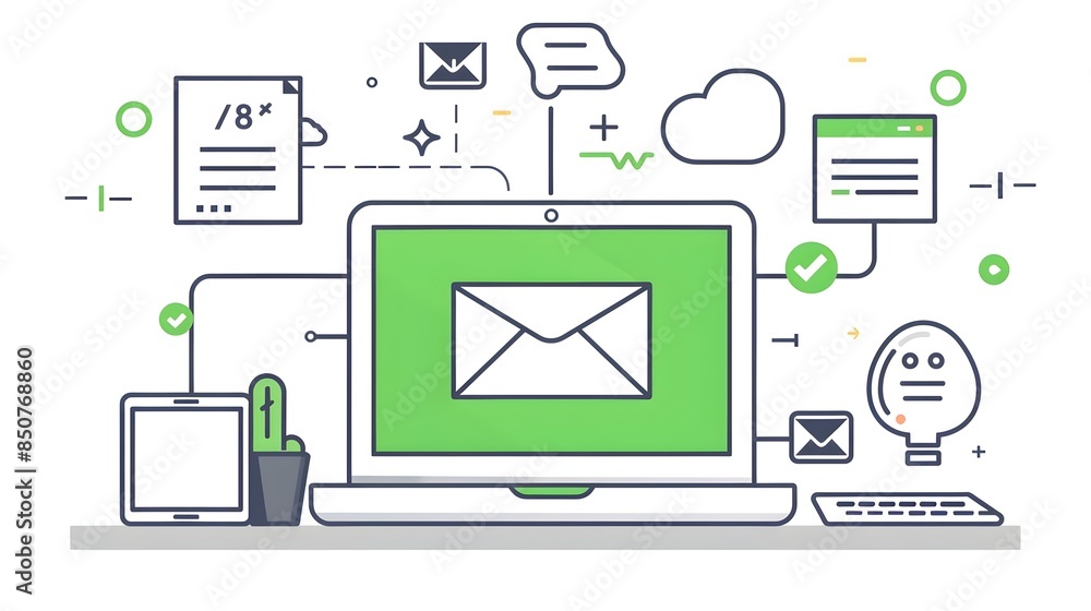 Poster laptop computer with email and communication icons on screen
