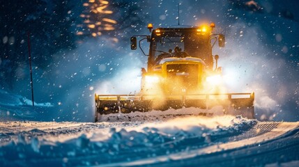 A snowcat grooming the ski runs at night with solarpowered headlights illuminating the way. The resorts commitment to solar energy can be seen even in the late hours.