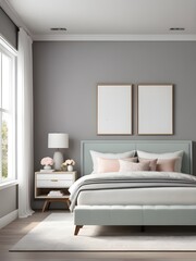 Two mockup frames in bedroom interior background, interior mockup design, frame mockup