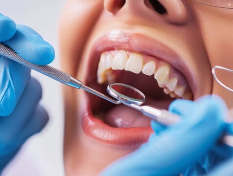 Close-up of a dentist using a dental mirror to examine a patient's teeth during a checkup.