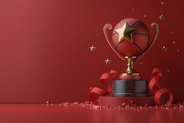 Golden Basketball Trophy With Stars on Red Background