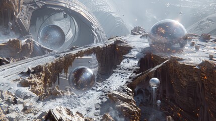 Futuristic sci-fi landscape with mysterious structures and spherical objects in a rugged, snowy terrain. High-tech, alien environment.