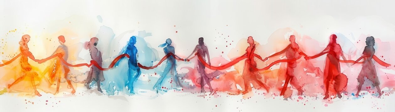 Watercolor illustration of diverse people holding hands, representing unity and togetherness.