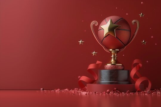 Golden Basketball Trophy With Stars on Red Background