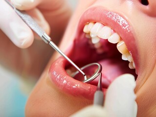 Close-up of a patient's mouth with a dental mirror and probe during a dental examination.