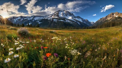 Fototapeta premium Wildflower Meadow with Snow-Capped Mountains at Sunrise Under Clear Sky