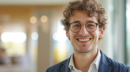 Obraz premium Job candidate. Smiling Young Man with Glasses, Bright and Cheerful Indoors