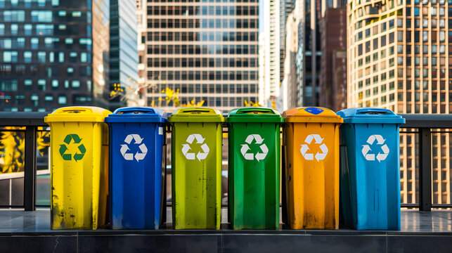 Gros plan sur des poubelles de tri selectif de d&eacute;chets en ville.