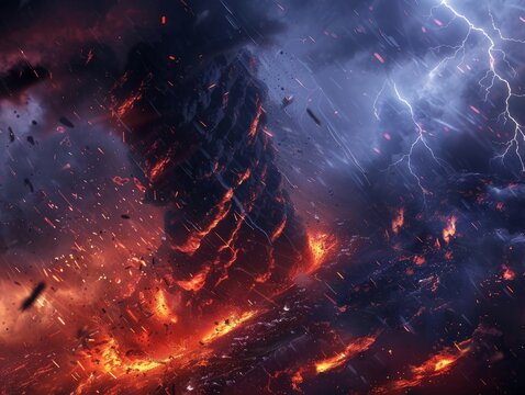 Dramatic and powerful tornado. Lightning thunderstorm flash over the night sky. Concept on topic weather, cataclysms (hurricane, Typhoon, tornado, storm). Stormy Landscap