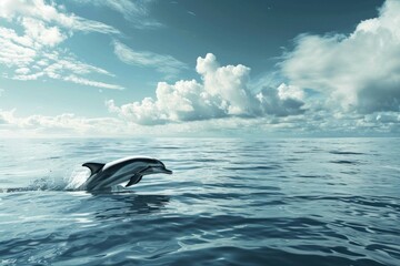 Fototapeta premium Serene scene of a dolphin jumping with a vast ocean and cloudfilled sky backdrop