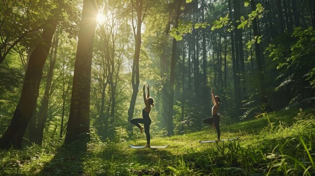 Two women practice yoga poses in a serene forest setting, bathed in the soft light of sunrise.
