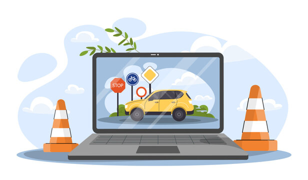 Driving school online. Laptop with car near traffic signs. Lessons for drivers. Distant education, learning and training. Driving course. Cartoon flat vector illustration isolated on white background - Powered by Adobe