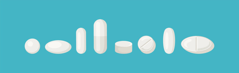 Set of white pills and capsules isolated on blue background. Vector cartoon flat illustration of medication.