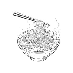 Bowl noodles and chopsticks sketch. Noodle bowl collection. Ramen. Asian food. Chinese, Korean, Japanese cuisine. Hand drawn vector illustration.