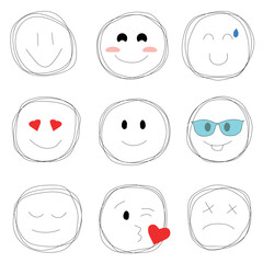 Pencil sketch smiley faces, seamless pattern on white background
