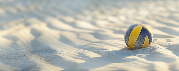 A colorful volleyball lies on the sandy beach, creating a picturesque and sunny sporting scene perfect for summer activities.