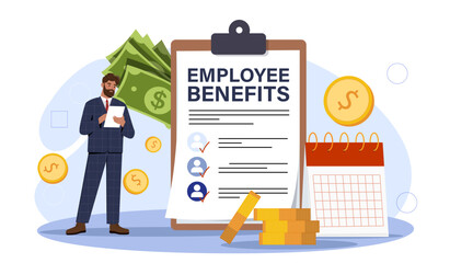 Employee benefits concept. Man near notepad, gold coins and banknotes. Social guarantees and protection for workers. Medical insurance. Cartoon flat vector illustration isolated on white background