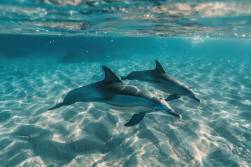Fototapeta premium A tranquil image capturing two dolphins gliding through clear water