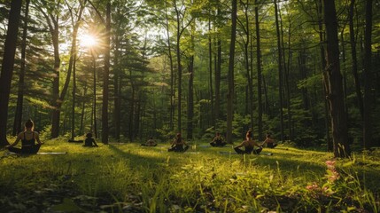 Fototapeta premium A group of people practice yoga in a sunlit clearing in a forest. The trees are tall and green, and the sun is shining brightly through the leaves.