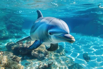 Obraz premium A playful dolphin glides through sunlit, turquoise waters over a coral reef