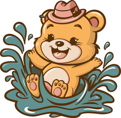 Cute Cartoon Bear Splashing in Water Vector Illustration