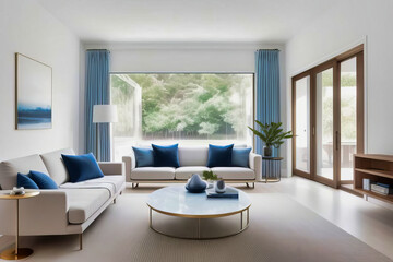 Fototapeta premium Elegante sala de estar con decoración moderna y tonos azules
