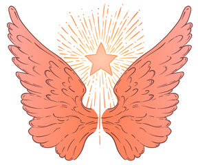 Angel girl with wings, cross, roses and halo. Isolated hand drawn vector illustration. Trendy Vintage style element. Spirituality, occultism, alchemy, magic.